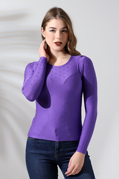 Şiir Makeni Kadın Slim Fit Sıfır Yaka Uzun Kollu Esnek Puantiye Jakarlı Top &...