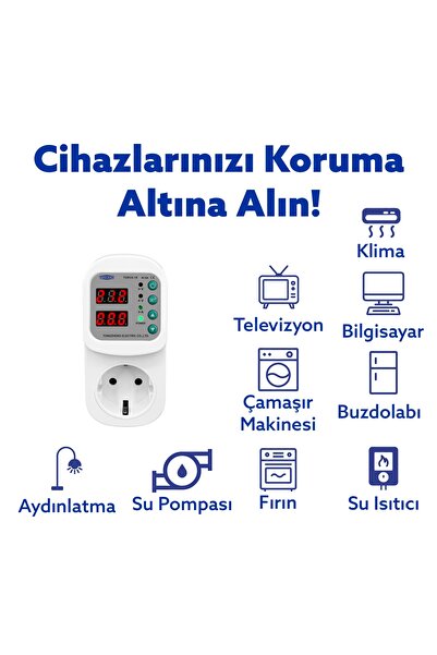 TOMZN Ayarlanabilir Voltaj ve Akım Korumalı Priz - 16A - Yüksek Gerilim Koruma - Elektrik Bekçisi