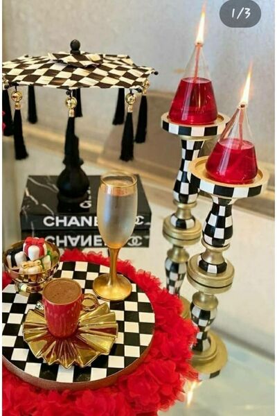 Genel Markalar Mackenzie 2li Dama Desenli Siyah Beyaz Şamdan Mumluk Kandil Ch...