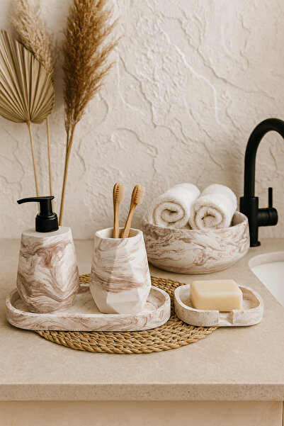 Zigzag Home Set de baie decorativ cu model de marmură, 5 piese, dozator de săpun lichid/solid, suport pentru periuță de dinți, suport pentru prosoape, set de tăvi