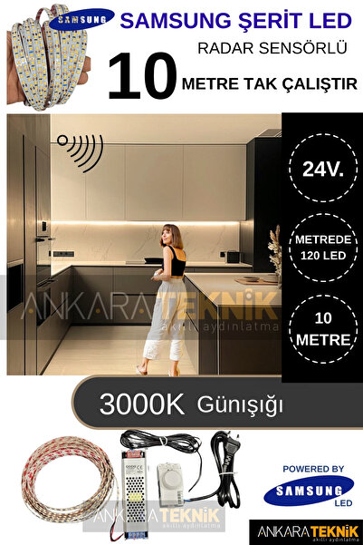ankarateknik Samsung 24 Volt 10 Metre Hareket Sensörlü Şerit Led Hazır Set/3000K Günışığı