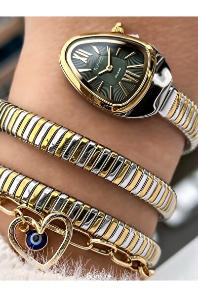 Ferrucci Green and Yellow Color, Steel Cord, Waterproof, Snake Model Women's Wristwatch Bracelet in Gift Box