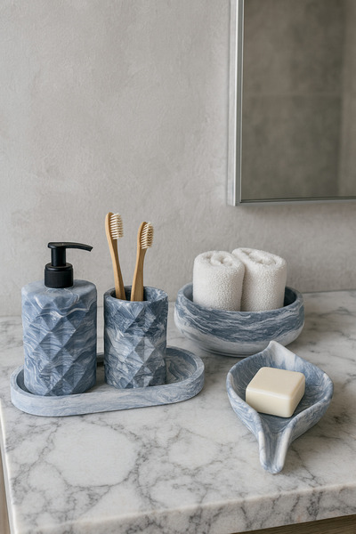 Zigzag Home Decorative 5 Piece Marble Pattern Bathroom Set Liquid/Solid Soap Dispenser Toothbrush Holder Towel Rack Tray Set