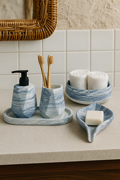Zigzag Home Decorative 5 Piece Marble Pattern Bathroom Set Liquid/Solid Soap Dispenser Toothbrush Holder Towel Rack Tray Set