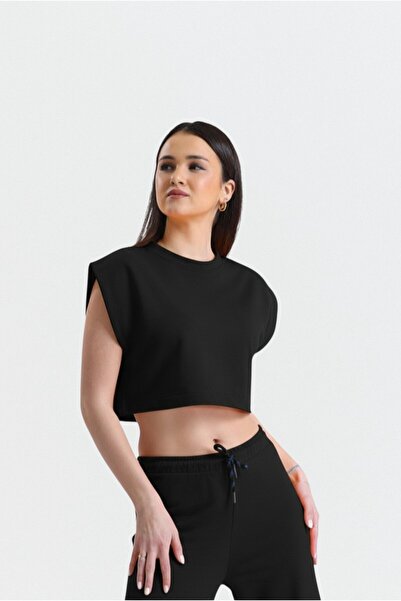 pulur.co Siyah Basic Kolsuz Crop Sweatshirt