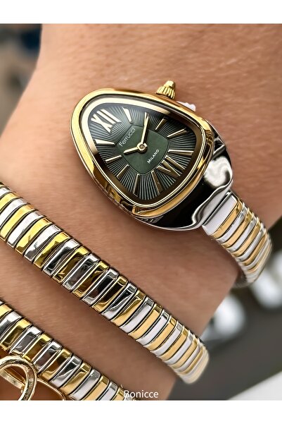 Ferrucci Green and Yellow Color, Steel Cord, Waterproof, Snake Model Women's Wristwatch Bracelet in Gift Box