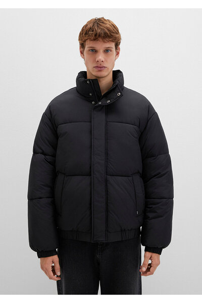 Mavi ψηλός λαιμός Μαύρο Φουσκωτό Παλτό 0110609-71379