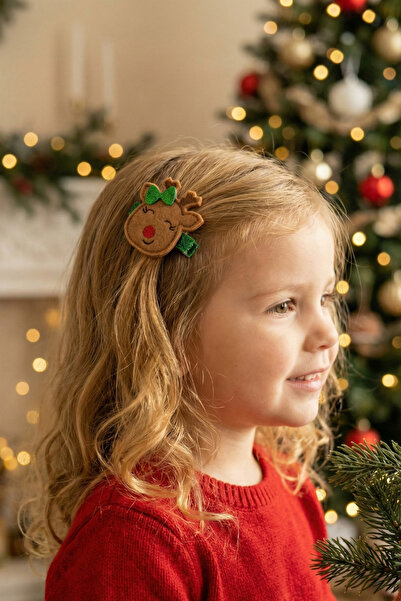 Eliya Clips El Yapımı Yeşil Fiyonk Tokalı Sevimli Geyik Figürlü Yılbaşı Çocuk...