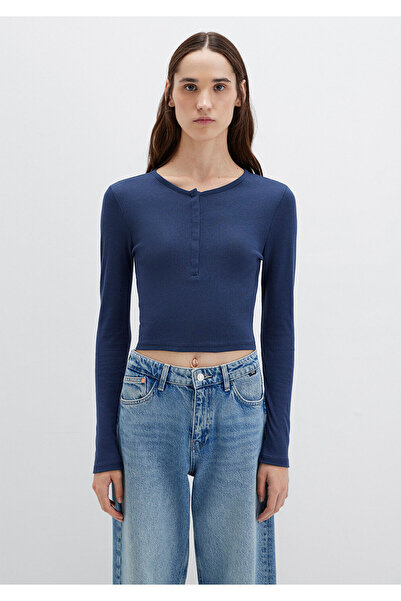 Mavi Μπλουζάκι με μακρύ μανίκι με λεπτομέρεια με κουμπιά, μπλε ναυτικό, βασικό μπλουζάκι Crop / κοντό κόψιμο 1613403-70487
