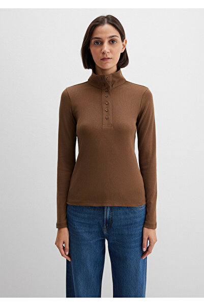 Mavi Button Detailed Mock Neck Brown T-Shirt Fitted / Bodycon Cut 1613614-71590