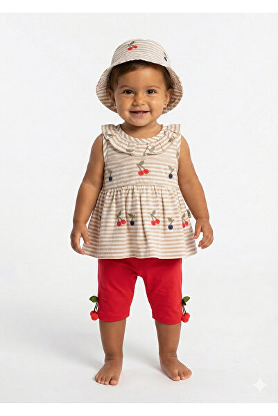 Mini Baray Girl baby striped dress and pants set (with hat) (9-12-18 months)