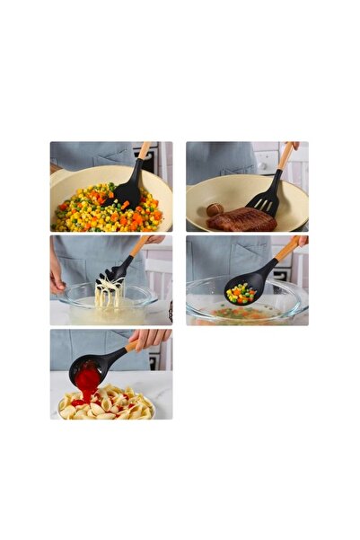 OEM Set of 12 kitchen utensils made of heat-resistant silicone and wooden handle, Black