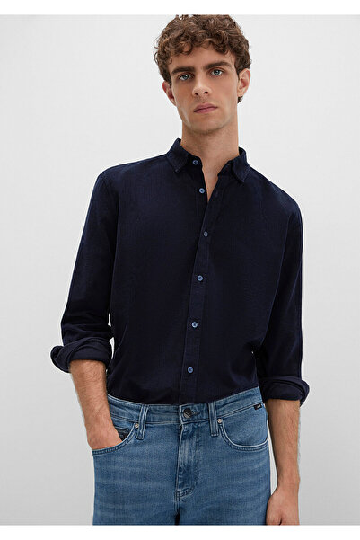 Mavi Μαύρο βελούδινο πουκάμισο σε μπλε ναυτικό χρώμα Regular Fit / Normal Cut 0211746-80872