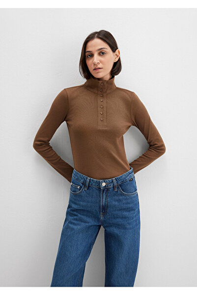 Mavi Button Detailed Mock Neck Brown T-Shirt Fitted / Bodycon Cut 1613614-71590
