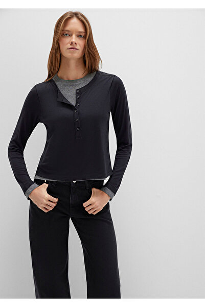 Mavi Schwarzes Langarm-T-Shirt aus Wollmischung mit doppelter Lage, halb schmale Passform / halb schmale Passform 1613400-900