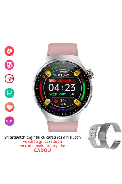 Lommad Smartwatch ®, 1.43" Display, Monitorizare 5 Organe, Glicemie, Ecg, Tensiune Arteriala, Roz