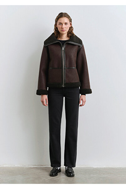 Mavi Faux Fur Detailed Brown Faux Leather Jacket Oversized / Wide Cut 1110718-70219