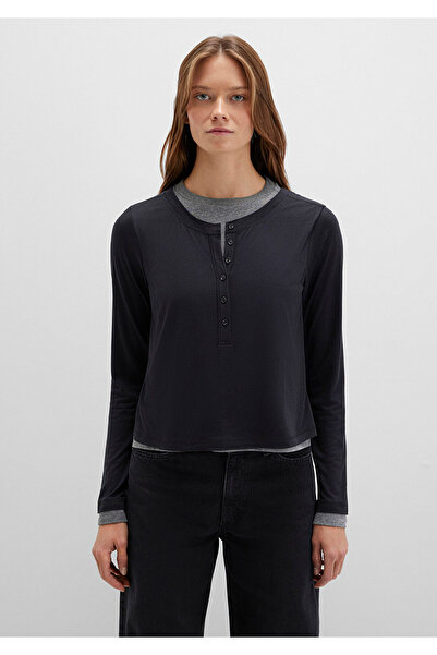 Mavi Schwarzes Langarm-T-Shirt aus Wollmischung mit doppelter Lage, halb schmale Passform / halb schmale Passform 1613400-900