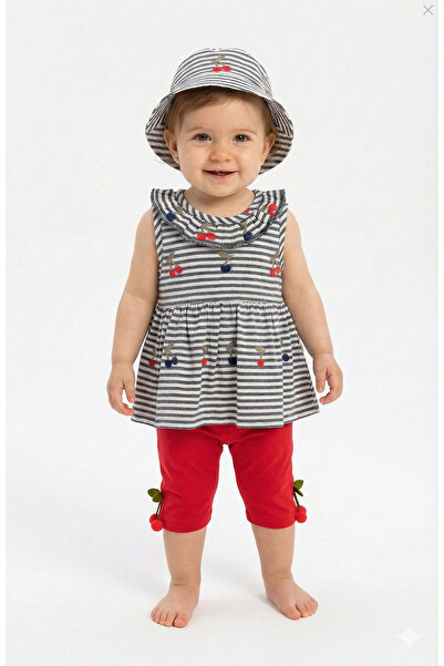 Mini Baray Girl baby striped dress and pants set (with hat) (9-12-18 months)