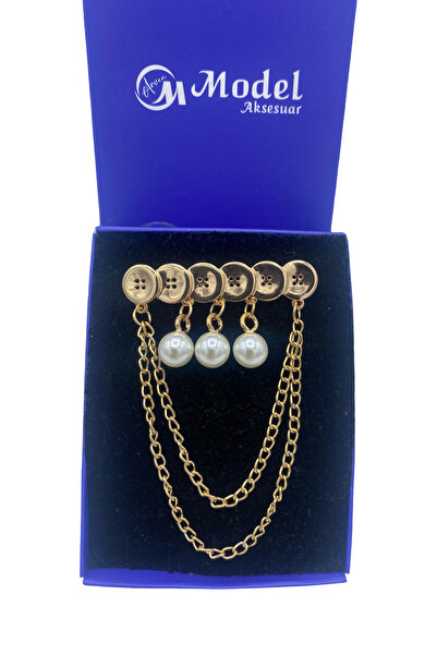 model aksesuar Düğme Tasarım Inci Zincir Detaylı Gold Broş