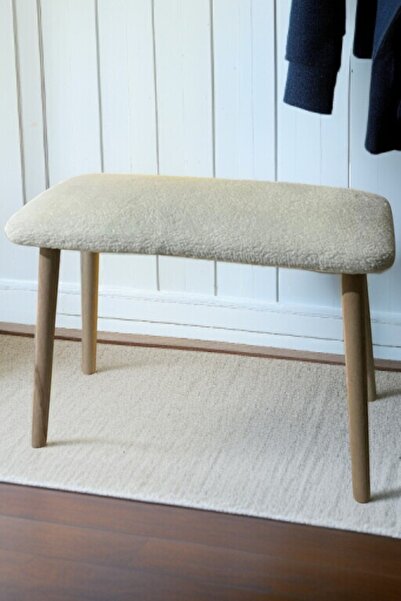 HCAtölye Ahşap Atölyesi Ahşap Ayaklı Handmade Geniş Oturum Alanlı Krem Tedy Kumaş Pofidik Puf Bench Koltuk