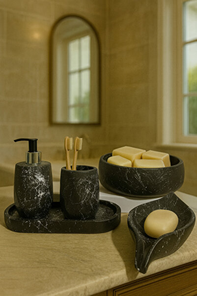 Zigzag Home Decorative 5 Piece Marble Pattern Bathroom Set Liquid/Solid Soap Dispenser Toothbrush Holder Towel Rack Tray Set