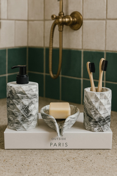 Zigzag Home Decorative 3 Piece Marble Pattern Bathroom Set Liquid/Solid Soap Dispenser Toothbrush Holder Towel Rack Tray Set