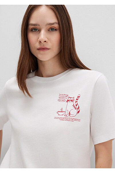 Mavi Ecru-T-Shirt mit Katzenmuster, reguläre Passform / normaler Schnitt 1613474-70057