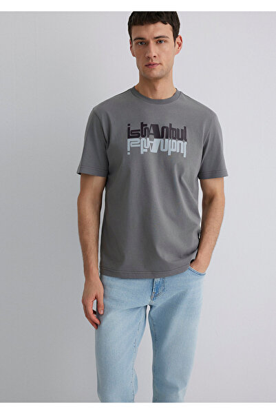 Mavi Graues T-Shirt mit Istanbul-Print, reguläre Passform, normaler Schnitt, 0612992-70099