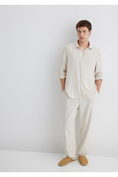 Mavi Λινό Μικτό Ριγέ Μπεζ Παντελόνι 0010467-83884