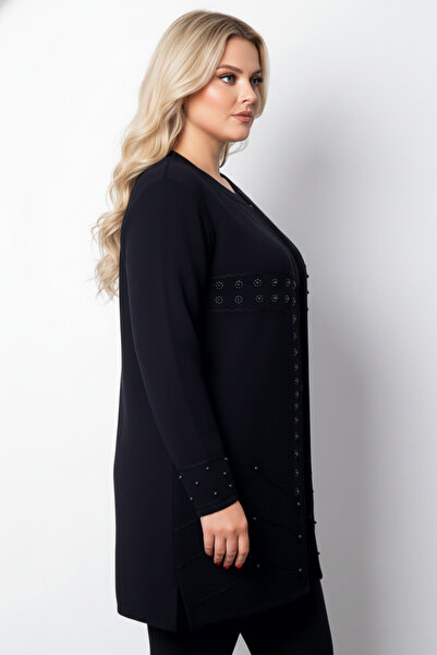 Laden Navy Blue Pearl Knitwear Cardigan - Embroidery Detailed, Zippered, Long Winter Mother Sweater