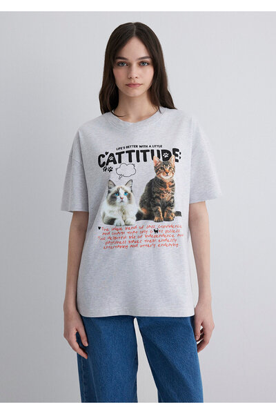 Mavi Cat Printed Gray T-Shirt Loose Fit / Loose Relaxed Cut 1613097 -88467