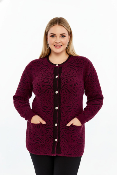 Laden Knitwear Angora Plus Size Women's Winter Plus Size Thick Soft Mother Burgundy Cardigan