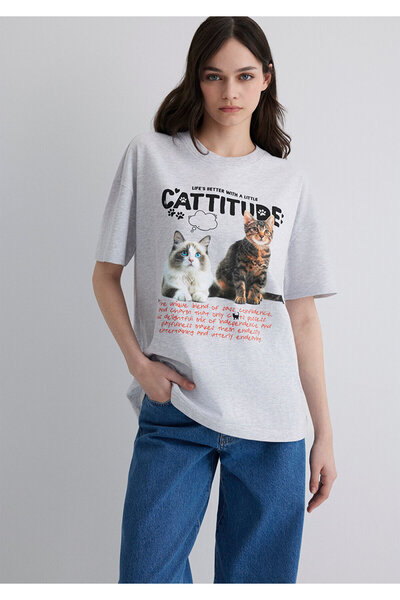 Mavi Cat Printed Gray T-Shirt Loose Fit / Loose Relaxed Cut 1613097 -88467