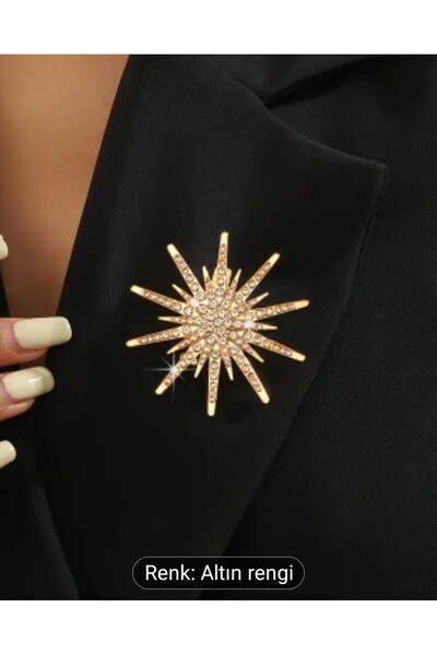 MODAMİRA AKSESUAR Gold Renk Üzeri Taş Süslemeli Kuzey Yıldızı Broş { Çap : 5 cm }