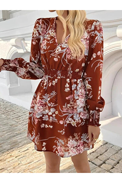 BÜŞRA TEZEL MODA Women's Long Sleeve Double-Breasted Collar Flower Pattern Mini Single Jersey Dress