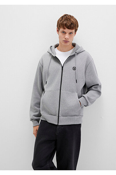 Mavi Seal Logo Embroidered Hooded Zippered Gray Sweatshirt 066979-34686
