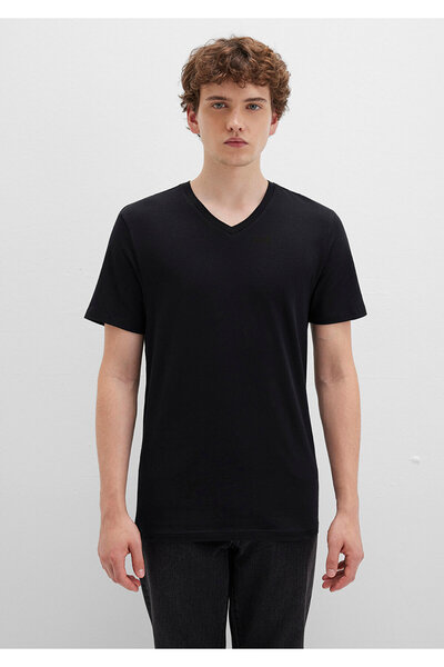 Mavi Schwarzes Basic-T-Shirt mit Stretch-V-Ausschnitt und tailliertem Schnitt 061748 -900
