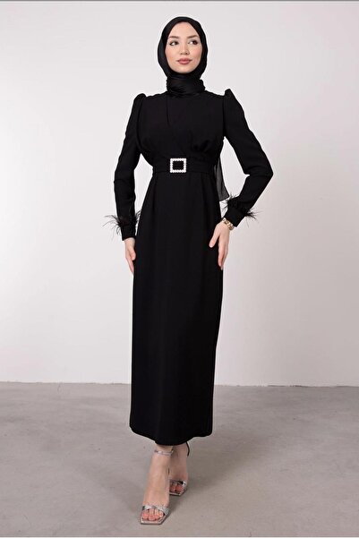 TRENDTESETTÜR KADIN SİYAH TÜY DETAYLI KEMERLİ ELBİSE T 80047