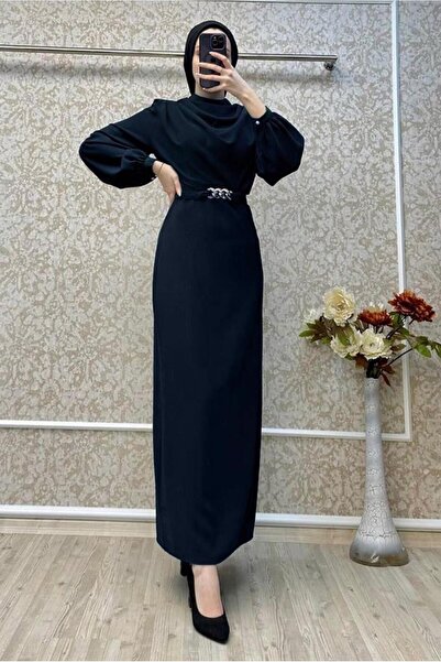 TRENDTESETTÜR KADIN LACİVERT KEMERLİ ELBİSE T 5895