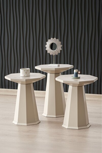 ALTINAKS MOBİLYA Elegance 3'lü Sehpa, Yan Sehpa, Zigon Sehpa -Bej & Soho ( Be...