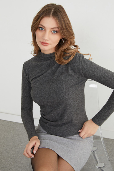 Fulla Moda High Neck Knit Blouse with Draped Sides