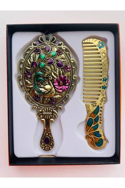 GALATA GIFT Ayna Tarak Seti, Metal-Kutulu-Hediyelik Takım, 13cm Aynalı Saç Fırçası