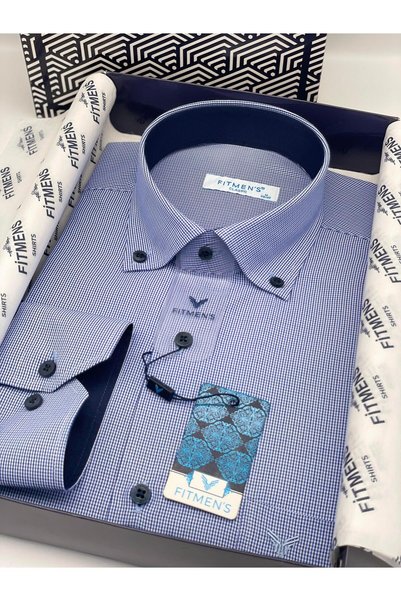 Fitmens Classic Long Sleeve Plaid Collar Buttoned Men's Shirt with Gift Box Fs-002273 - Blue