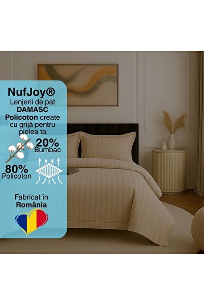 NufJoy Damask Policotton Double Bed Linen Set 4 pcs XXL, Beige