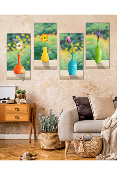 Evinemoda Renkli Vazo Çiçekler 4 Parçalı Mdf Tablo