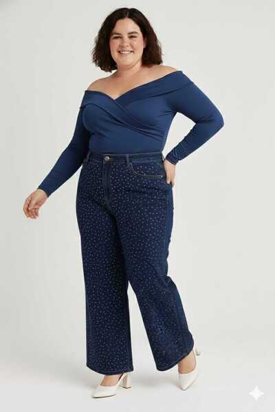 ELONİ Super Battal Large Size Wide Leg Stretch Fabric Stone Denim Pants