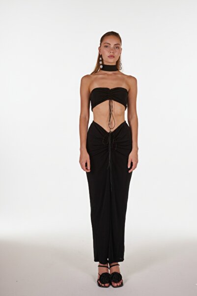 HOLLY LOLLY Fustă Maxi Hestia Buzzy Fabric Slit Negru