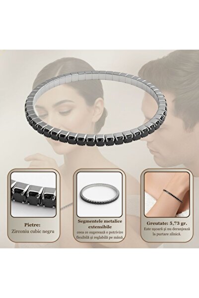 Sentivo Bratara Argint 925 placata cu Rodiu, Pietre Zirconiu Negre, Bratara Dama extensibila, perfecta cadou