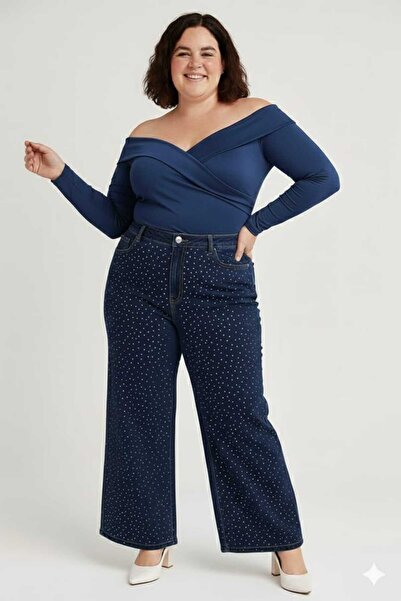 ELONİ Super Battal Large Size Wide Leg Stretch Fabric Stone Denim Pants
